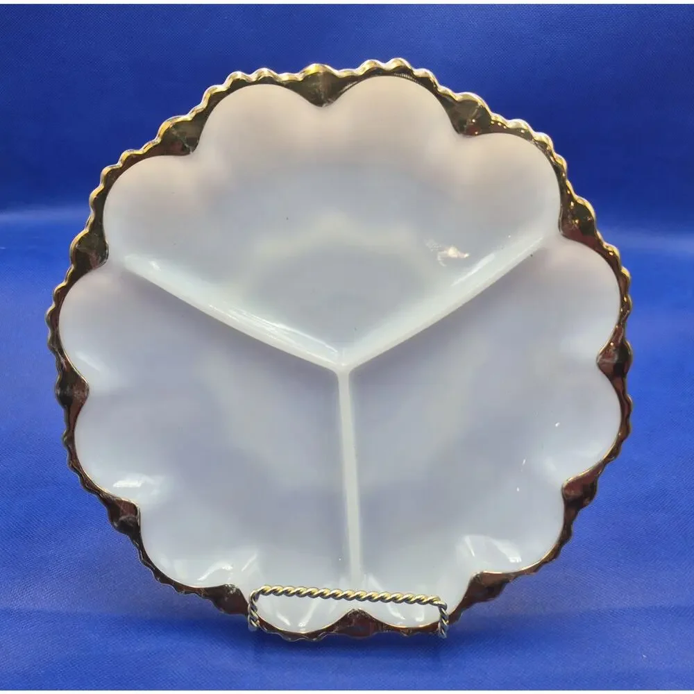 Vtg Anchor Hocking Milk Glass Divided Relish Dish Gold Trim Scalloped Rim 10